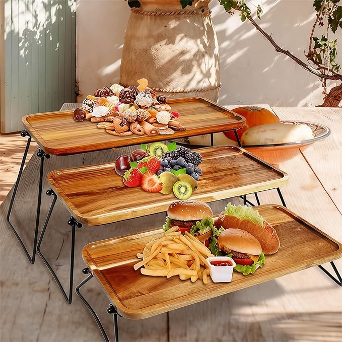 3 Tier Cupcake Stand and Towers Serving Tray for Party, Acacia Wooden Dessert Table Display Set, Rustic Wood Serving Platters & Charcuterie Board for Party, Picnic, Buffet (Acacia)