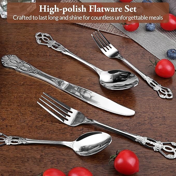 Silverware Set, 30 Pieces Retro Royal Silverware Set for 6, Baroque-Style Stainless Steel Flatware Set Including Fork Spoon and Knife, Dishwasher Safe, Silver