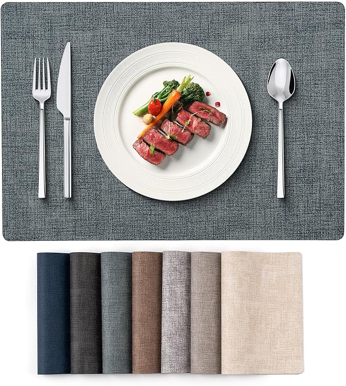 Vinyl Placemats Set of 4 - Faux Leather 100% Waterproof Oil-Proof Wipeable PU Place Mats, Heat Resistant Reversible Table Mats for Kitchen, Dining, Outdoor (Gray Blue)