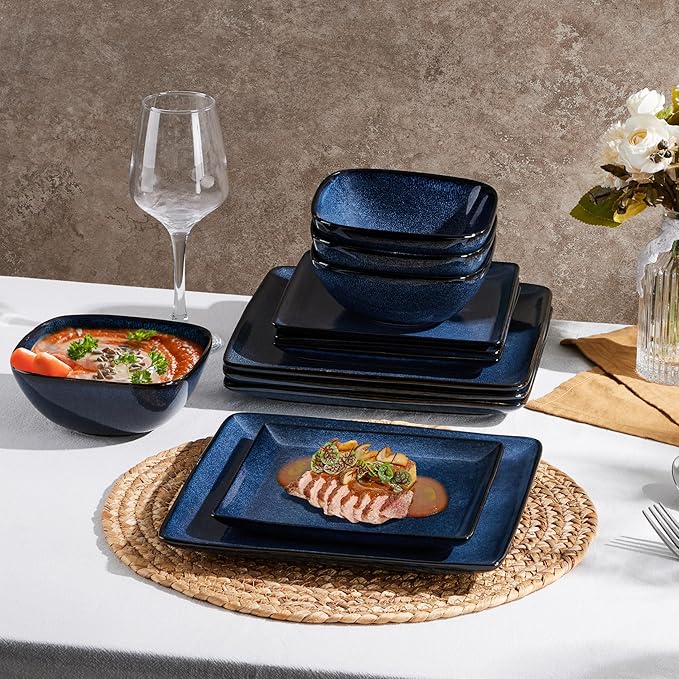 E-far Square plates and bowls Sets for 6, 18-Piece Reactive Glaze Stoneware Dinnerware Sets, Porcelain Dishware Sets for Kitchen Home, Microwave & Dishwasher Safe, Deep Sea Blue
