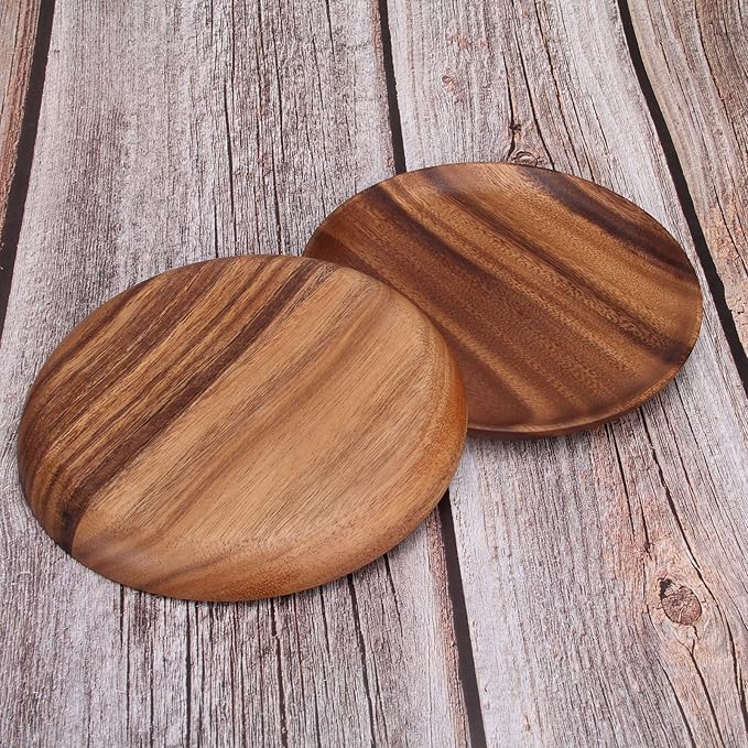 Ayiaren 2 Psc Decorative Acacia Wood Salad Plates Round Charcuterie Boards Snack Appetizer Dessert Plate Wooden Cheese Serving Board Kitchen Dishe Platter for Foood Party Small Charger Dinner Plates