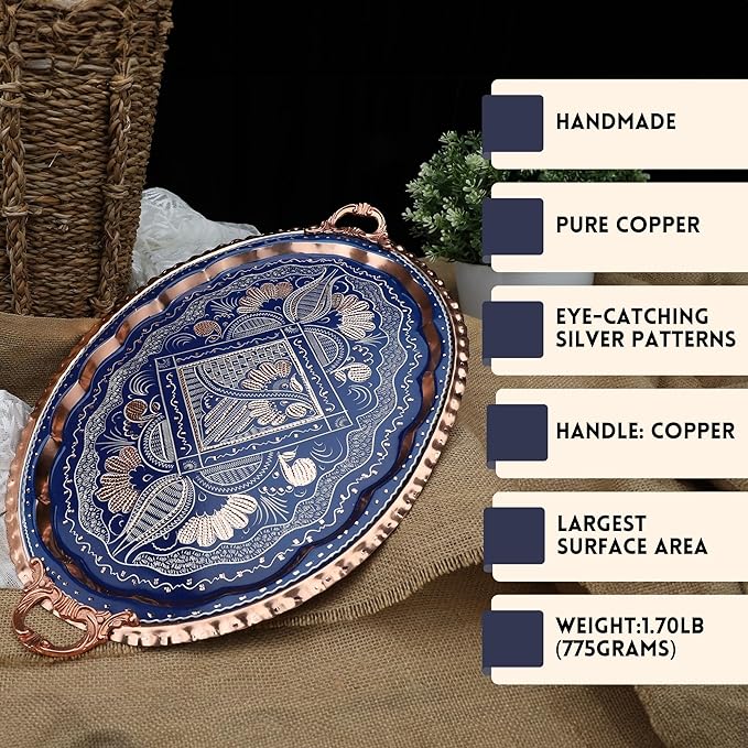 Decorative Copper Tray for Coffee Table, Coffee Bar, Serving Tray and Home Decor-Handmade Pure Copper Tray with Silver Ottoman Patterns (Black) (Dark Blue)