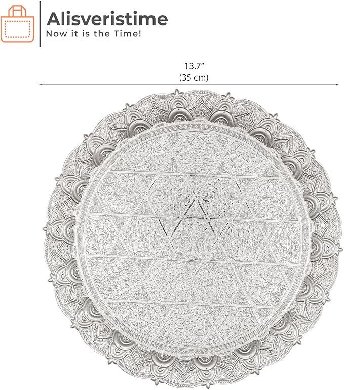 Alisveristime Turkish Ottoman Coffee Tea Beverage Serving Zamac Tray (34cm - 13,38inch) (750 Gram - 1,65 pounds) (Silver)