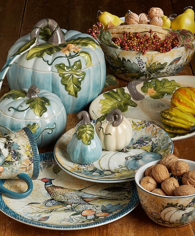 Harvest Gatherings 16-Piece Ceramic Dinnerware Set, Service for 4 – Multicolor Fall Plates, Bowls & Mugs with Pumpkin & Pheasant Design – Autumn Tableware for Thanksgiving, Cabin & Holiday Hosting