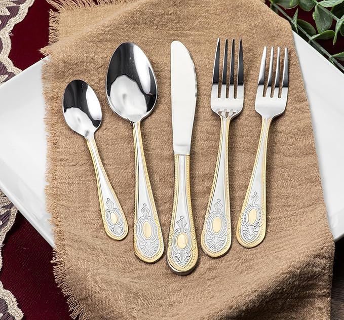 40 Piece Flatware Set - 18/10 Stainless Steel Silverware Set for 8 - Complete Cutlery with Elegant Vintage Handles - For Kitchen and Dining, Home Essentials (40 Piece, Lucca)
