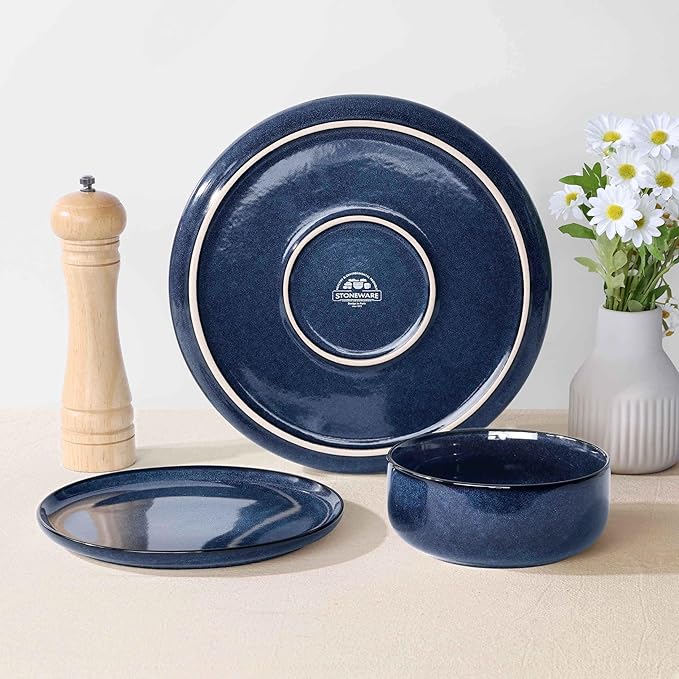 Herogo Dinnerware Sets with Pasta Bowls for 4, 16 Piece Dinner Salad Plates and Cereal Serving Bowls, Stoneware Dishes Dinner Ware for Home Kitchen, Dishwasher & Microwave Safe, Starry Blue