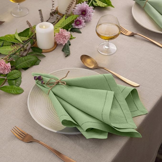 D'Moksha Homes Sage Green Linen Napkins Set of 4 - Classic Hemstitch 100% Pure Linen Hemstitch Dinner Napkins 20 x 20 Inch for Winter, Christmas, Holiday, New Year - Handcrafted and Machine Washable