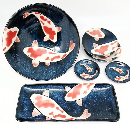 Made in Japan Koi Fish Ceramic Dinnerware Set – 6-Piece Blue & Red Plates and Bowls | Hand-Painted Carp Motif | Dishwasher Safe | Japanese Tableware Gift Set