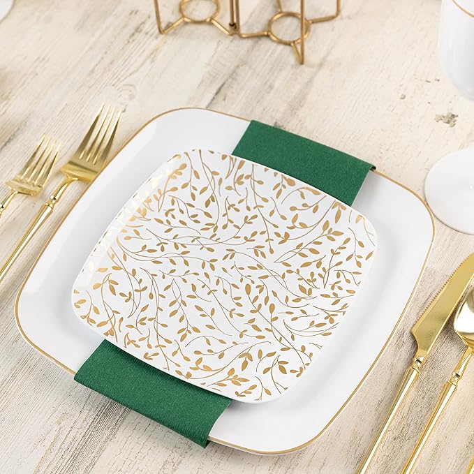 PLASTICPRO Square 128 Piece Combo Plates Set includes 64 x 7'' inch Salad Plates & 64 x 10'' inch Dinner Plates White Plastic With Gold Leafy Design Party Plates, heavyweight Elegant, Dishes,