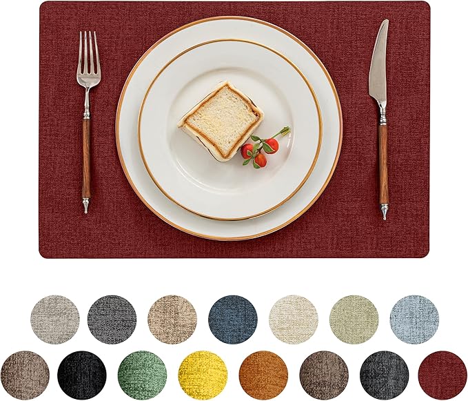 Romanstile Vinyl Placemats Set of 6-12 X 17 Inch - Faux Leather 100% Waterproof Oil-Proof Wipeable Place Mats, Heat Resistant Reversible PU Table Mats for Kitchen Dining Party Outdoor, Red