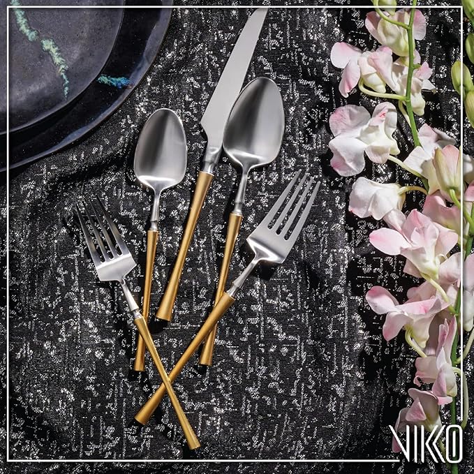Vikko Decor Vintage Silverware Set: Brushed Silver and Gold Silverware- Luxury 18/10 Stainless Steel Flatware - Satin Matte Cutlery Set for Upscale Dining - 20 Piece Set - Service for Four (4)