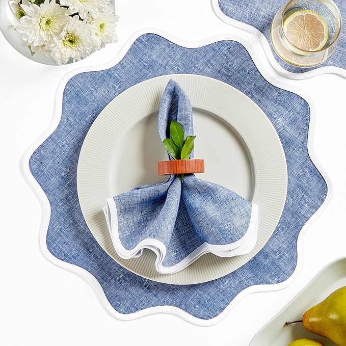 Solino Home Scallop Linen Placemats Set of 4-100% Pure Linen White and Chambray Indigo Round Cloth Placemats 16 Inch - Giselle Scallop Edge, Handcrafted and Machine Washable