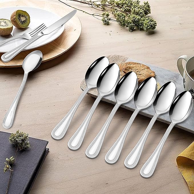 HaWare 24-Piece Forks and Spoons Silverware set, Stainless Steel Flatware with Pearled Edge for Home/Kitchen, Include 12 Dinner Forks(7.9in) and 12 Dinner Spoons(7.9in), Dishwasher Safe