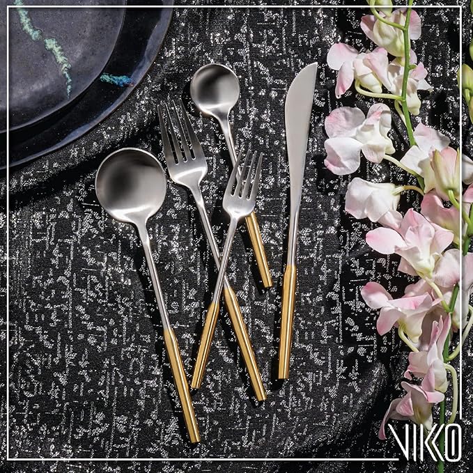 Vikko Modern Two-Tone Silverware Set: Unique Brushed Gold and Silver Flatware Set - Satin Matte - 18/10 stainless steel flatware For Upscale Dining - 20 Piece Cutlery Set - Service for Four (4)