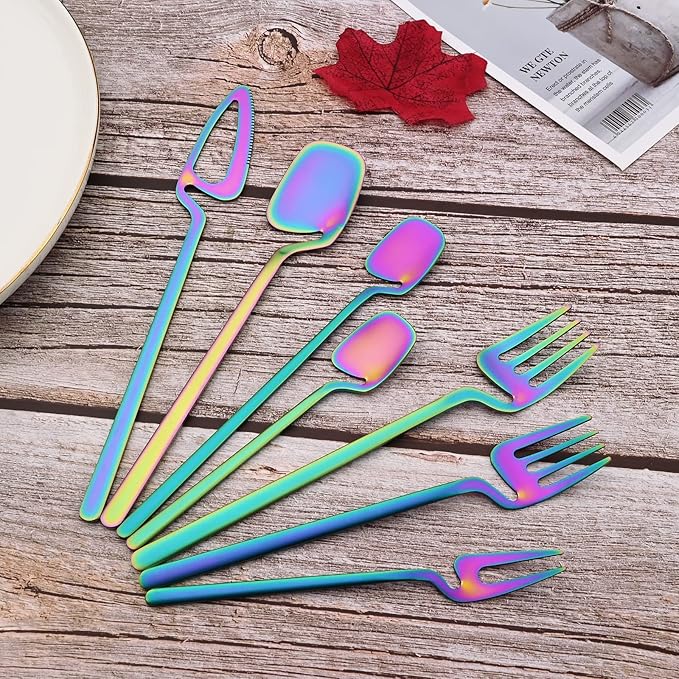 JASHII 28-Piece Rainbow Silverware Flatware Set for 4, 304 Stainless Steel Colorful Eating Utensils Cutlery, Tableware for Home Restaurant Party - Hanging Cup - Dishwasher Safe