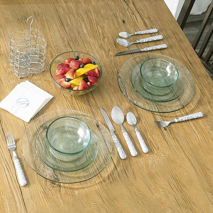 French Home Bistro 16-Piece Stainless Steel Flatware Set — Dinner Cutlery Set — Silverware Set Dishwasher Safe — Spoon & Fork And Knife Set — Modern Silverware Set For 4 (Light Gray & White)