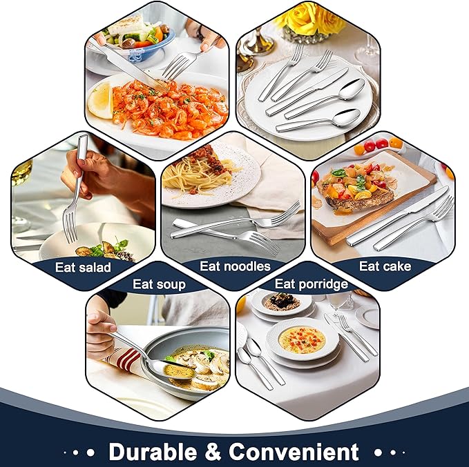 Herogo Heavy Duty Silverware Set with Serving Utensils, 52-Piece Stainless Steel Heavy Weight Modern Flatware Set for 8, Fancy Cutlery for Home Wedding, Dishwasher Safe, Mirror Finished
