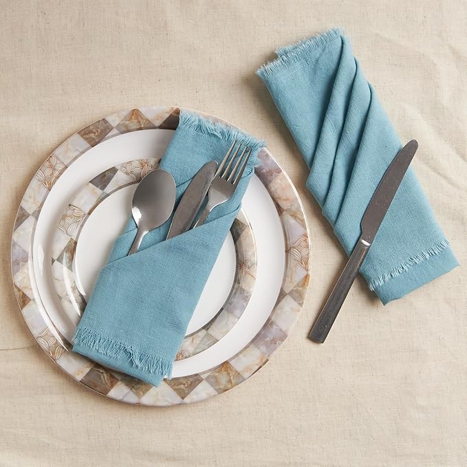 ACCENTHOME Blue Cotton Linen Napkin Set of 12 18x18 inch Dinner Napkins - Washable Soft Premium Hotel Quality Reusable Hemmed Edges Napkins Perfect Table Linens for Family Dinners, Weddings