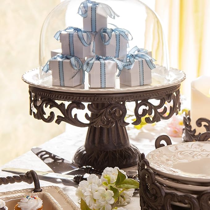 Glass Domed Cake Pedestal with Acanthus Leaf Ornate Brown Metal Base and Cream Ceramic Plate
