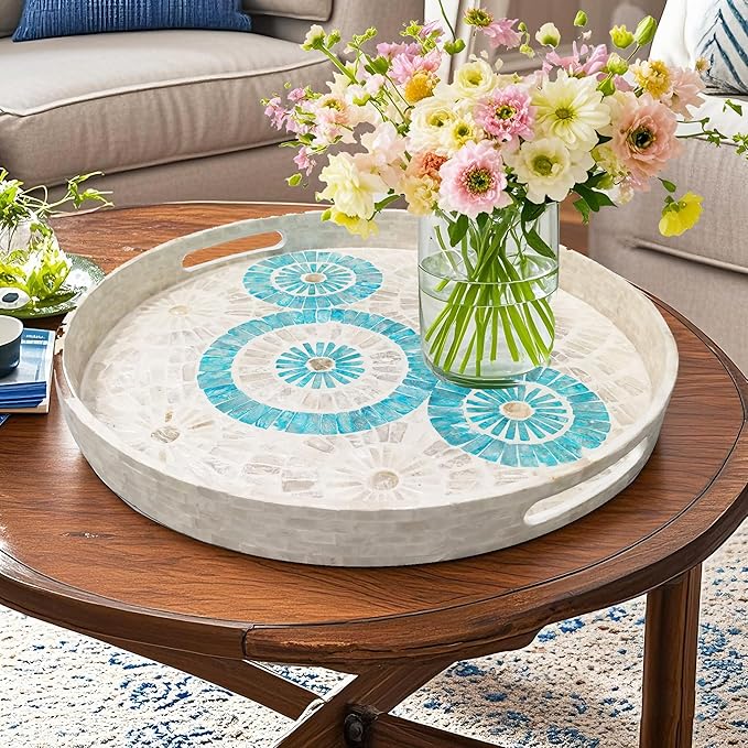 i-lan 18 Inch Round Mother of Pearl Serving Tray, Blue Nacre Inlay Decorative Ottoman Tray with Handles, Handmade Shell Coffee Table Tray for Food, Catering and Home Decor