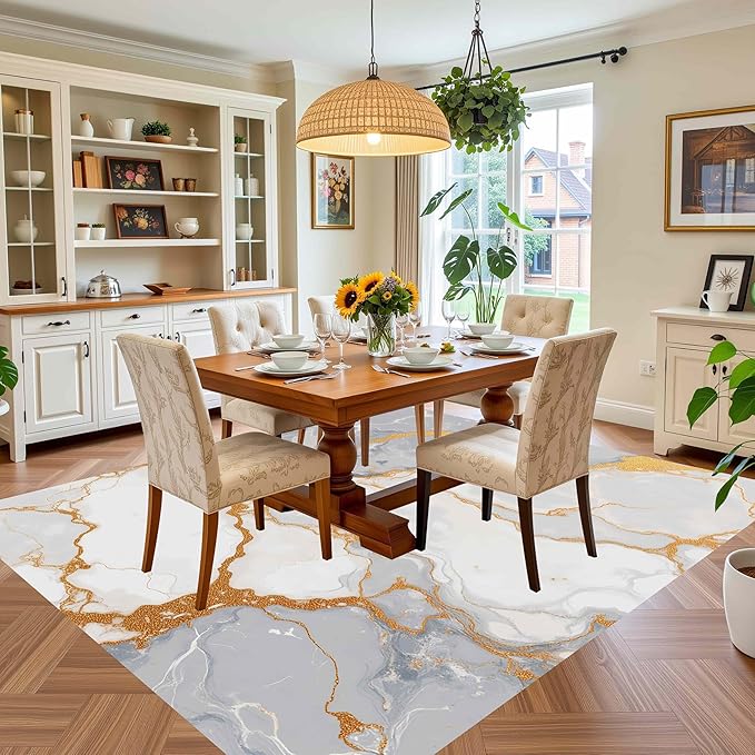 Throw Rug 3x8 for Living Room Bedroom Modern Abstract Grey White Gold Marble Texture Indoor Area Rugs Under Dining Room Table Washable Non Skid Soft Big Carpet Unique Art Deco Home Office Floor Mat