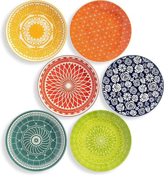 Annovero Salad Plates - Small Plate for Serving Appetizer, Lunch, Sandwich - Microwavable - Decorative Cute Colorful Porcelain Boho Dish Set for 6 - Zero Lead & Cadmium - 8.5 Inch Diameter