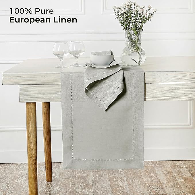 D'Moksha Homes Linen Silver Grey Table Runner 90 Inches Long - Classic Hemstitch 100% Pure Linen Dining Table Runner 14 x 90 Inch for Winter, Christmas, Holiday, New Year