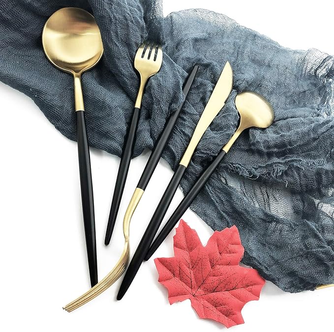 Silverware Set, Hand polished Matte Gold Black Flatware Cutlery Set Service for 4, Satin Finish 20 Pieces 18/10 Stainless Steel Utensils Set for Home and Restaurant, Dishwasher Safe