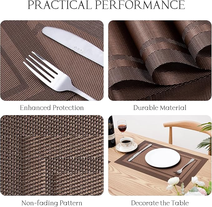 Placemats Set of 6-Heat Resistant Non-Slip Place Mats for Dining Table Kitchen, Washable Placemats Rectangular Brown