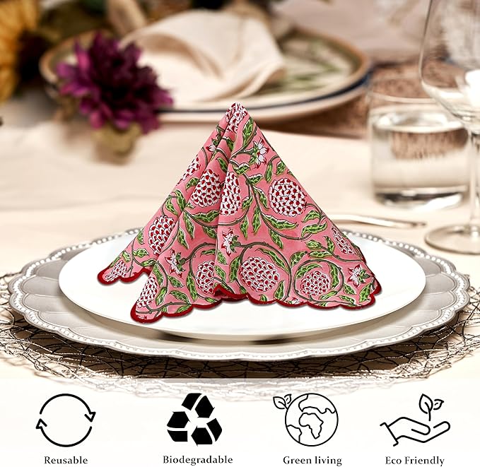 Ridhi Hand Block Print Strawberry Pink 18" x 18" (Set of 4) Embriodery Table Napkins Reusable Cotton Dinner Napkins for Weddings, Parties, Everyday Dining Gift for Spring, Easter, Valentine