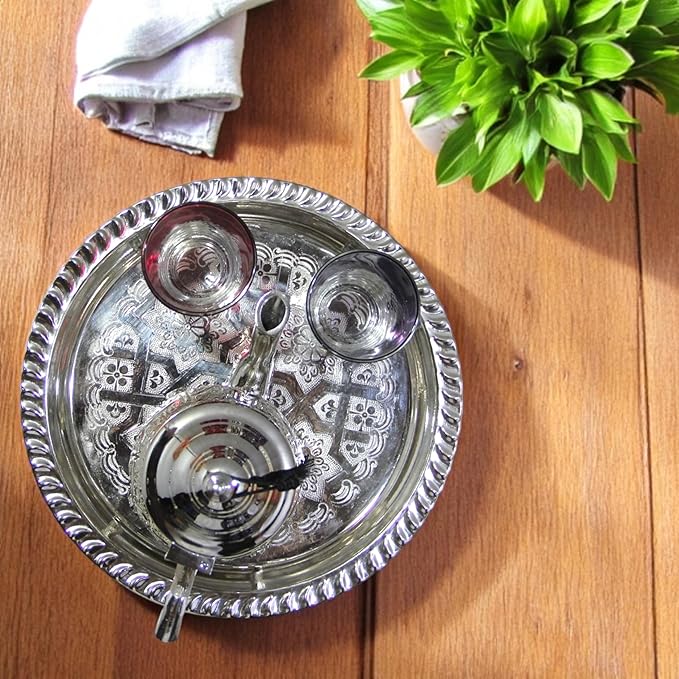 Moroccan Tea Tray Serving Cocktail Silver Handmade Fez Small Or Large Round (9/11/13/15 Inches) (9 Inches)