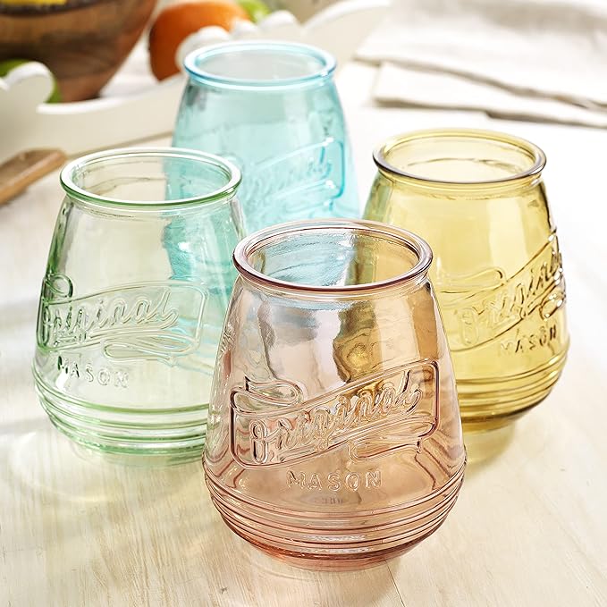 Wine Glasses Set Of 4 Assorted Colored Stemless Glasses 21 OZ. Original Mason Large Wine Cup, Red and White Wine Drinking Water Glasses. Juice, Cocktails, Smoothies, Vintage Bar | Large Wine Cup, Red and White Wine, Juice, Cocktails, Smoothies