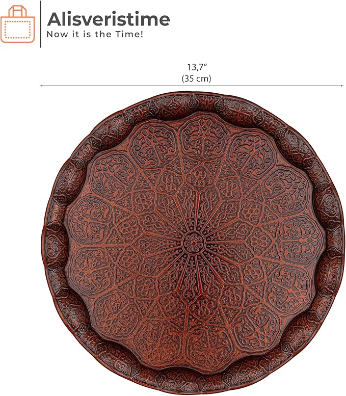 Alisveristime Turkish Ottoman Coffee Tea Serving Tray – 13.60 inches, Metal with Traditional Motifs, Available in Five Colors (Copper)