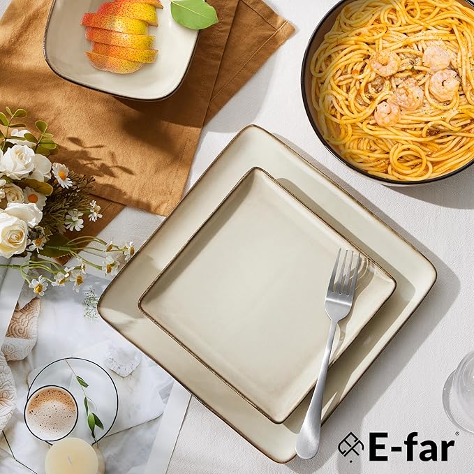 E-far Square Dinnerware Sets for 8, 24-Piece Stoneware Plates and Bowls Dishes Set, Reactive Glaze Porcelain Dishware Sets, Chip & Scratch Resistant, Microwave & Dishwasher Safe, Sandy Beige