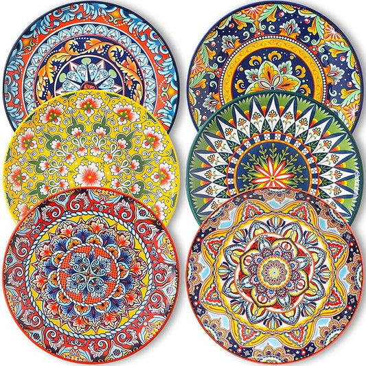 6-piece Bohemian plates, 8-inch main course plates, suitable for serving beef, lamb chops, turkey, and various main dishes; safe for microwave, oven, and dishwasher use