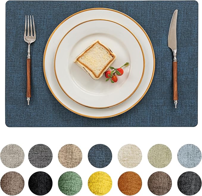 Romanstile Vinyl Placemats Set of 12-12 X 17 Inch - Faux Leather 100% Waterproof Oil-Proof Wipeable Place Mats, Heat Resistant Reversible PU Table Mats for Kitchen Dining Party Outdoor, Navy Blue