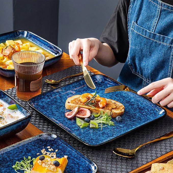 vancasso Stern Blue Dinnerware Set Square Tableware 16 Pieces Kitchen Dinnerware Stoneware Crockery Set with Dinner Plate, Dessert Plate, Bowl and Soup Plate Service for 4