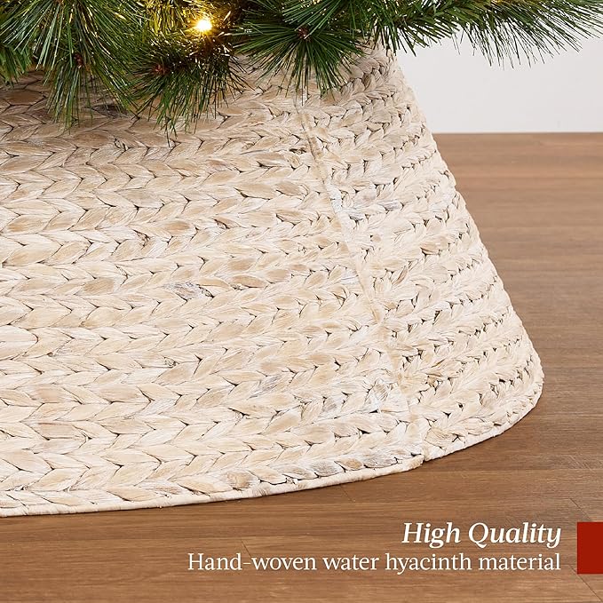 Best Choice Products 42in Christmas Tree Collar, Woven Hyacinth 4-Piece Holiday Rattan Tree Skirt Accessory for Home w/Cord Cut-Out - Transparent White