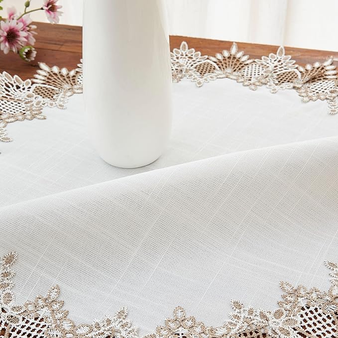 White Linen Doily 24 inches Round Neutral Earth Tones Beige Lace Coffee Table Topper Dresser Scarf Place Mats (White, 24” Round)