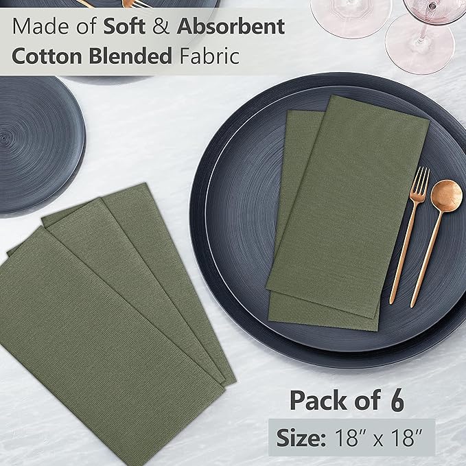 Ruvanti Cloth Napkins Set of 6, 18x18 Inches Napkins Cloth Washable, Soft, Durable, Absorbent, Cotton Blend. Table Dinner Napkins Cloth for Hotel, Lunch, Restaurant, Wedding Parties - Matine Olive