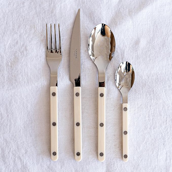 SABRE PARIS - 5-Piece Flatware Set - Bistrot Collection - Knife, Fork, Soup Spoon, Teaspoon & Dessert Fork - Stainless Steel & Nylon - Dishwasher Safe - Ivory - Brilliant Finish
