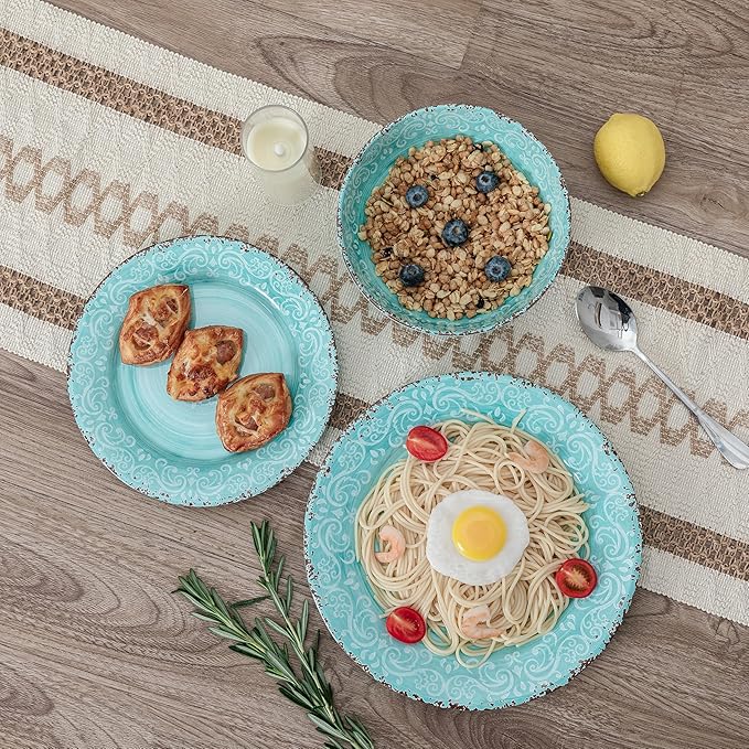 12-Piece Farmhouse Dinnerware Set, set of 4, 100% Melamine Dishes Serving Set with Plates and Bowls, Non-breakable and Lightweight Dinner Set for indoor and outdoor entertaining, Light Teal
