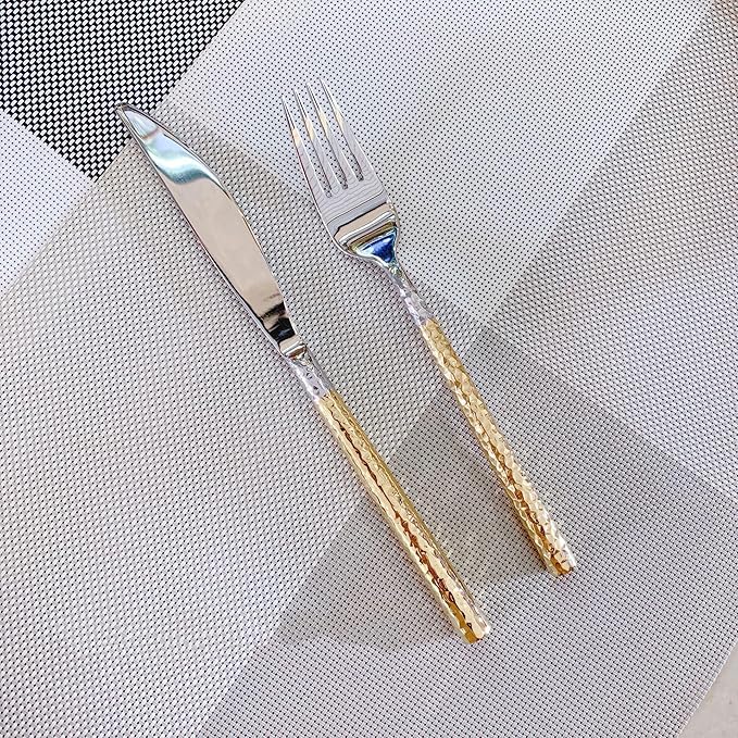 50 PCS Hammered Handle Gold Silverware Set for 10 Gold Utensils Set 18/8 Stainless Steel Flatware Curlery Set Mirror Effect Dishwasher Safe Wedding Banquet Formal Occasions ZILNEHZ