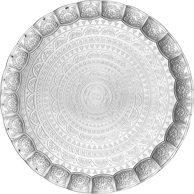 Alisveristime 6-Person Decorative Serving Tray – 13.77 inch Round Metal Plate with Ottoman Pattern Options (Silver)