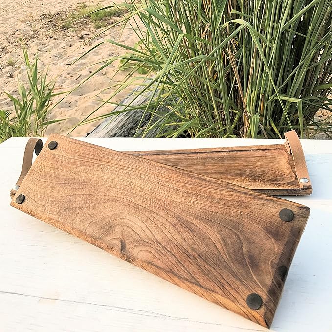 Farmer's Market Serving Board Trays, Brown Leather Handles, Food Safe, Rectangle Shape, Sustainable Mango Wood, Metal, Rustic Design,18 and 15 Inches Long