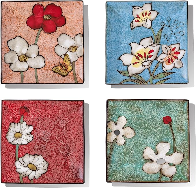 Porcelain Square Dessert Salad Pasta Plates 7.5 inches ceramic plates set of 4 Stackable Dinner Plates for Steak, Pasta, Salad, Snacks, Dessert，Microwave and Dishwasher Safe (Multicolor A, 7.5 Inch)
