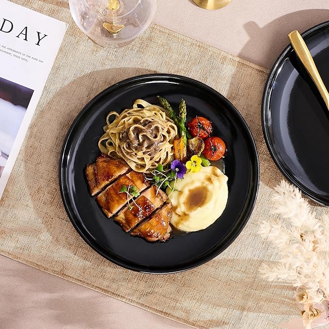 Black Dinner Plates Set of 4,Ceramic Dining Plates 10 Inch,Large Salad Plate,Stoneware Kitchen Plate for Pizza,Steak,Scratch Resistant,Microwave and Dishwasher Safe