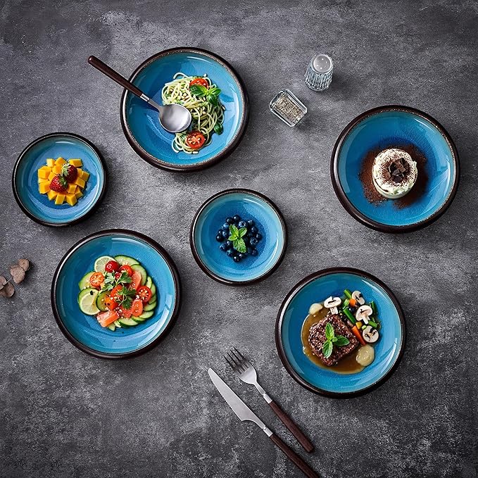 Ceramic Pasta Bowls Set of 4, 8 Inch Large Porcelain Pasta and Salad Bowls, Stoneware Dinner Plate Set for 4, Handmade Round Dishes for Home Decor, Microwave,Oven,and Dishwasher Safe, Blue
