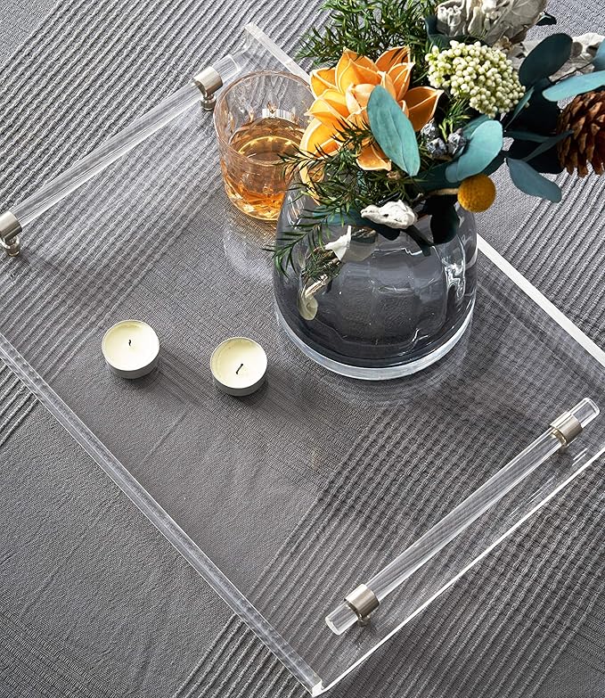 Acrylic Serving Tray, Breakfast Tray with Acrylic Handles, Decorative for Coffee Table & Kitchen, 16x12x2 inch