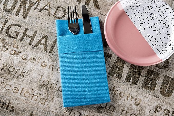Blue Dinner Napkins Cloth Like with Built-in Flatware Pocket, Linen-Feel Absorbent Disposable Paper Hand Napkins for Kitchen, Bathroom, Parties, Weddings, Dinners or Events, 1/8 Fold, Pack of 50